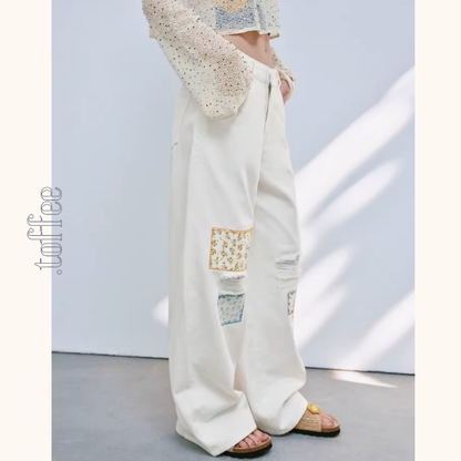 パッチワーク小花刺繍ワイドパンツ《Z01033》