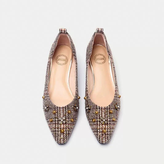 スタッズデコレーションチェックパンプス w-125