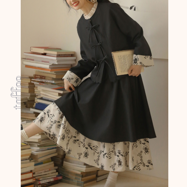 リボン留め×レイヤード風ブラックセットアップ《Z01358》