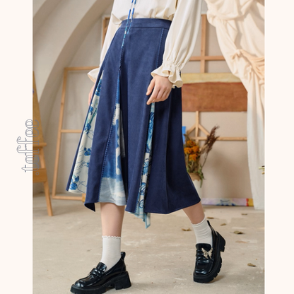 【2color】名画が踊る、切替アートプリントスカート《Z01123》