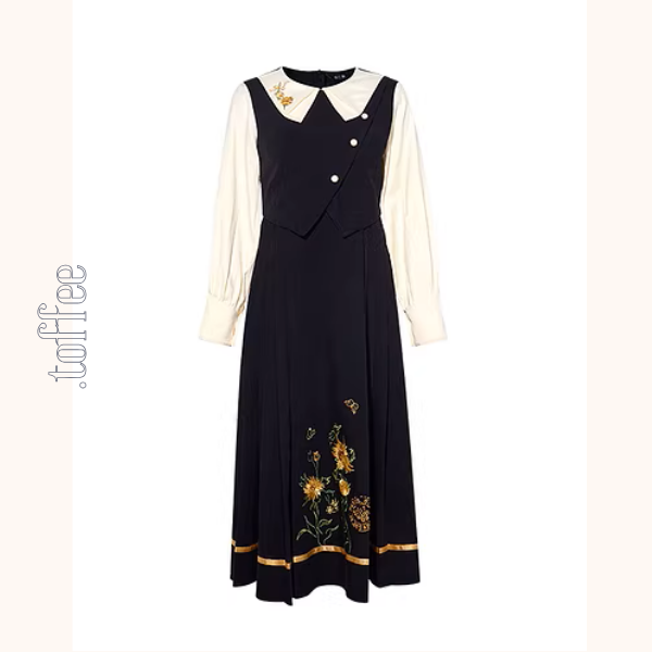 バイカラーと刺繍が映える上品プリーツワンピース《Z01207》