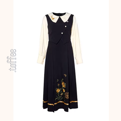 バイカラーと刺繍が映える上品プリーツワンピース《Z01207》