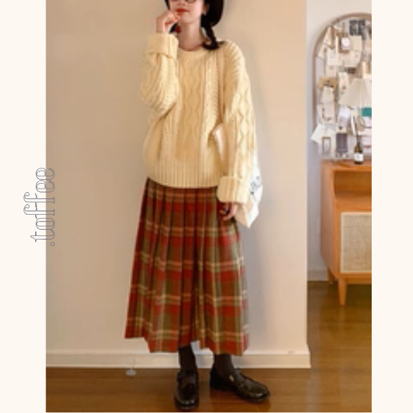 揺れるオレンジ×グリーン＊レトロチェックプリーツスカート《Z01205》