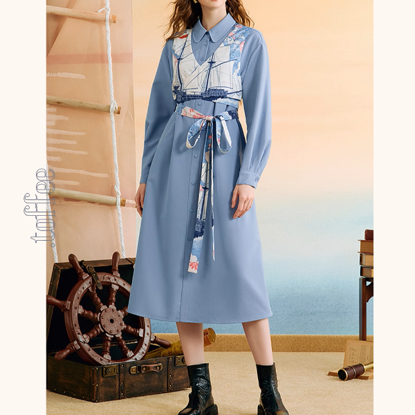船と旅の重ね着風シャツワンピース《Z01132》