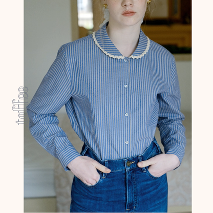 レースが語る午後の記憶ストライプシャツ《Z01177》