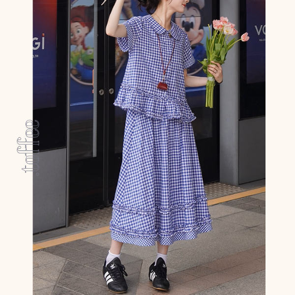 【2color】ギンガムチェック＆フリルセットアップ《Z01098》