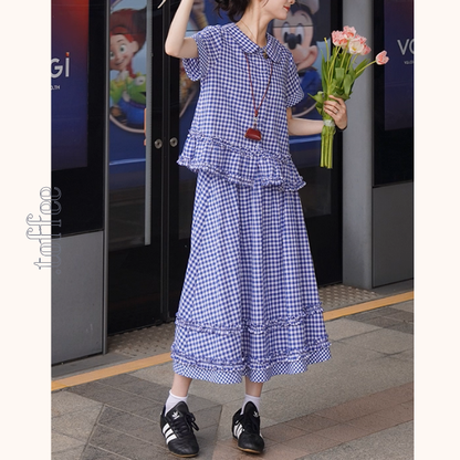 【2color】ギンガムチェック＆フリルセットアップ《Z01098》