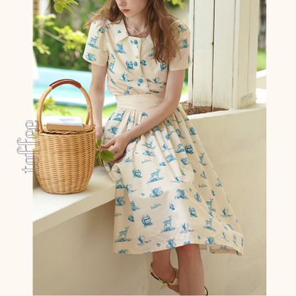 カントリー風アニマルプリント半袖シャツ＆ミドル丈スカートのセットアップ　《Z00751》
