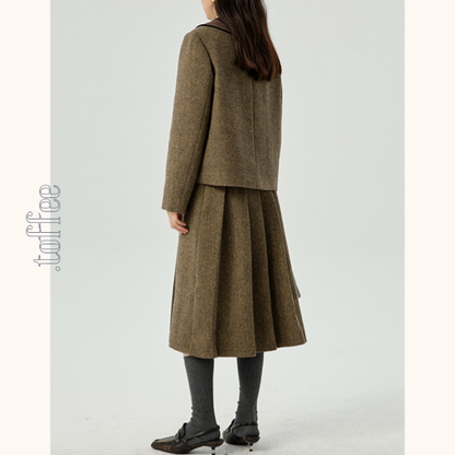 ヘリボーン柄ショートジャケット＆プリーツミディスカートのセットアップ　Z00481