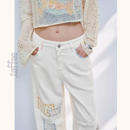 パッチワーク小花刺繍ワイドパンツ《Z01033》