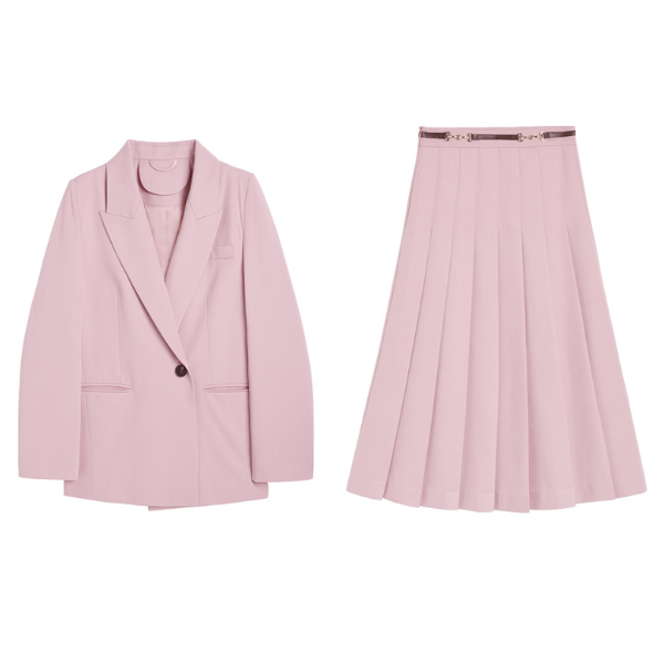 オーバーサイズジャケットとプリーツスカートのピンクセットアップ X-404