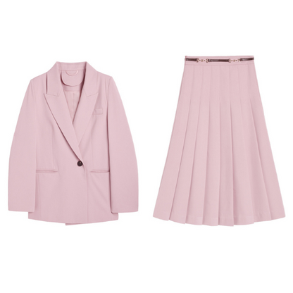 オーバーサイズジャケットとプリーツスカートのピンクセットアップ X-404