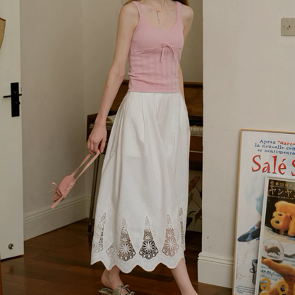 レーズヘムブラウス＆フローラルレースミモレ丈スカートセットアップ《Z00896》