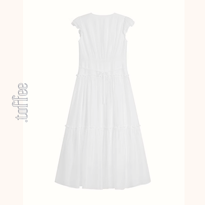 Vネックホワイトティアードワンピース《Z00884》