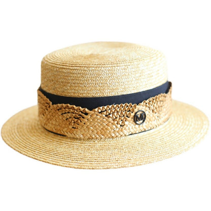 麦わら編み編みリボンのカンカン帽
