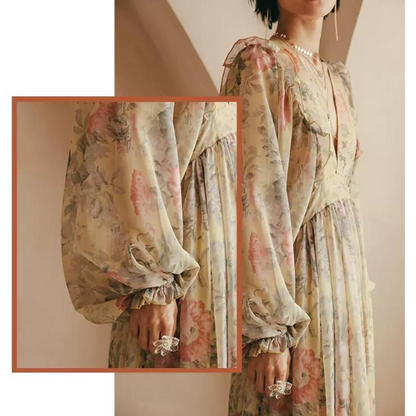 フラワープリントボリュームスリーブワンピース X-046