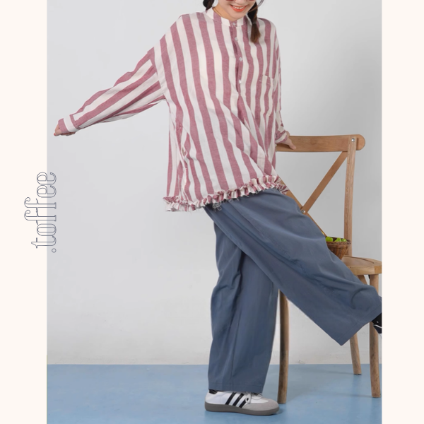 【2color】ストライプ柄フリル装飾シャツ《Z00894》