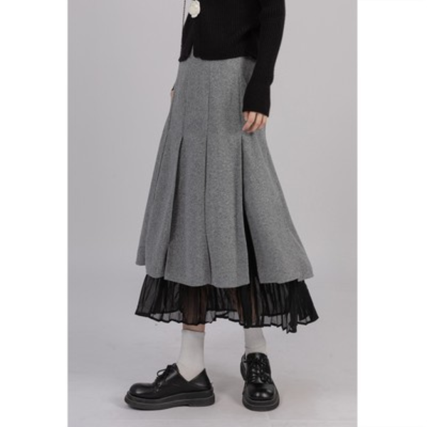 【3color】プリーツドッキングスカート X-014