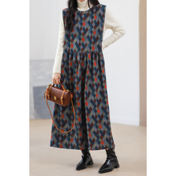 【２color】マルチカラースクエアパターンワンピース w-005