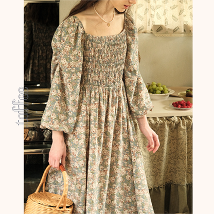 小花柄パフスリーブミモレ丈ワンピース　《Z00745》