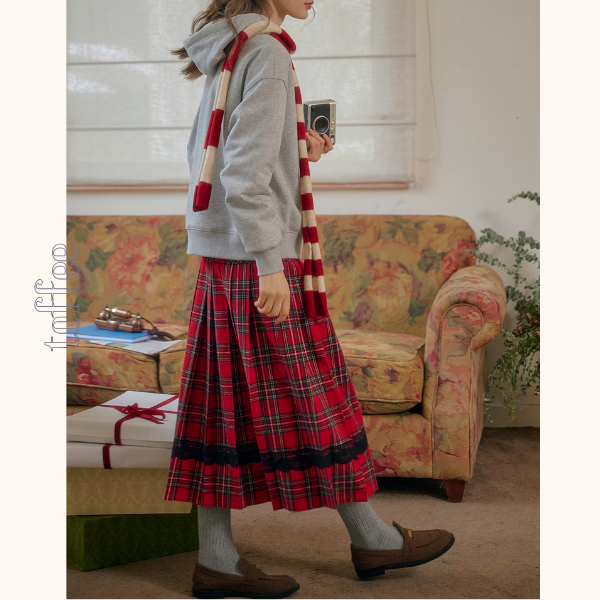 タータンチェック柄ハイウエストAラインミディスカート　 《Z00785》