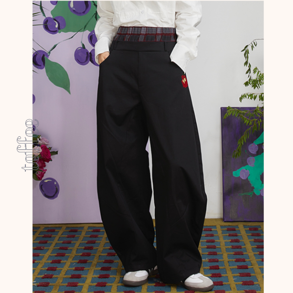 チェリー刺繍重ね着風テーパードパンツ　《Z00699》