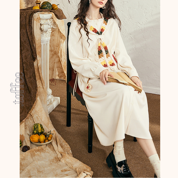 マルチカラーかぎ編みレースタイ付きAラインワンピース　《Z00678》