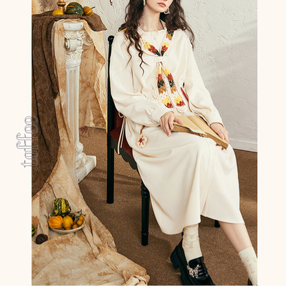 マルチカラーかぎ編みレースタイ付きAラインワンピース　《Z00678》