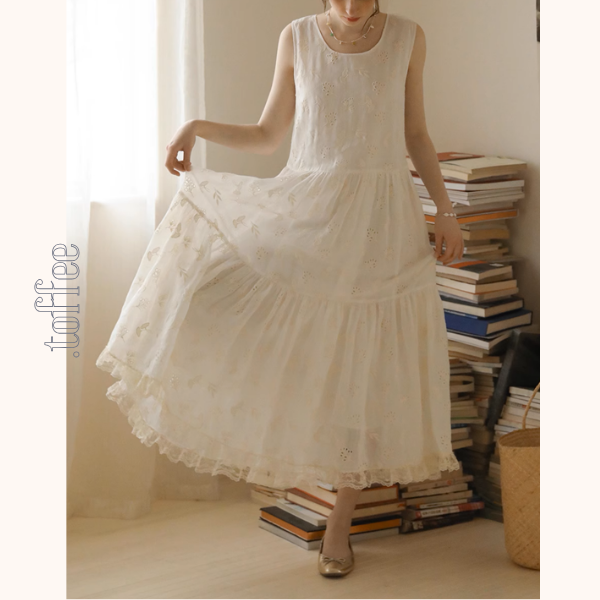 レース＆アイレット刺繍ロングティアードワンピース《Z00888》