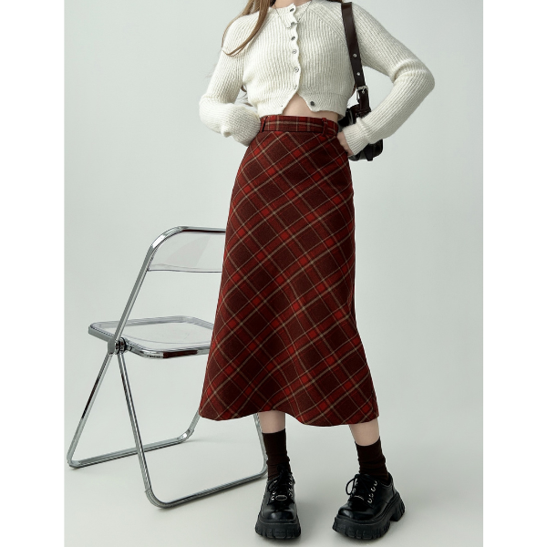 タータンチェックAラインロングスカート X-515