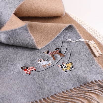 【4color】可愛い子犬刺繍のツートーン配色フリンジマフラー《Z01198》