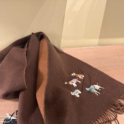 【4color】可愛い子犬刺繍のツートーン配色フリンジマフラー《Z01198》