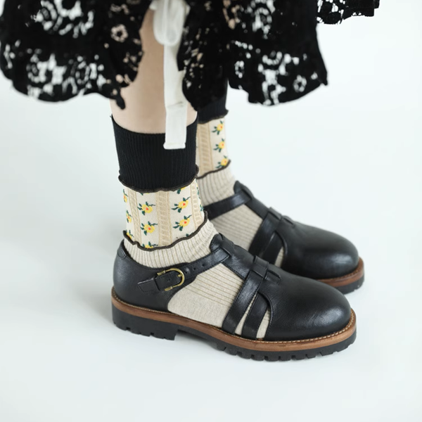 【5pattern】花柄が映える＊三層切り替えのレトロクルーソックス《Z01200》