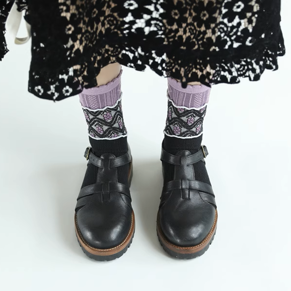 【5pattern】花柄が映える＊三層切り替えのレトロクルーソックス《Z01200》