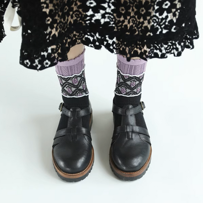 【5pattern】花柄が映える＊三層切り替えのレトロクルーソックス《Z01200》