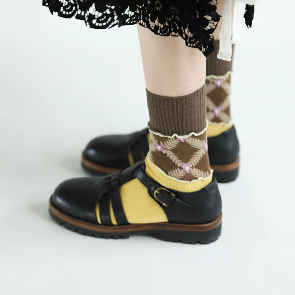 【5pattern】花柄が映える＊三層切り替えのレトロクルーソックス《Z01200》