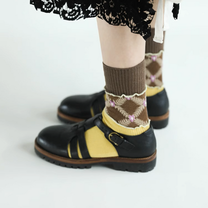 【5pattern】花柄が映える＊三層切り替えのレトロクルーソックス《Z01200》