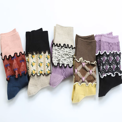 【5pattern】花柄が映える＊三層切り替えのレトロクルーソックス《Z01200》