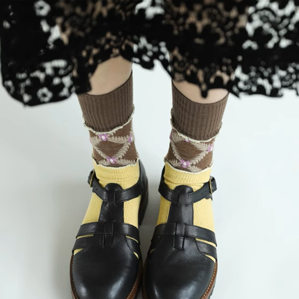 【5pattern】花柄が映える＊三層切り替えのレトロクルーソックス《Z01200》