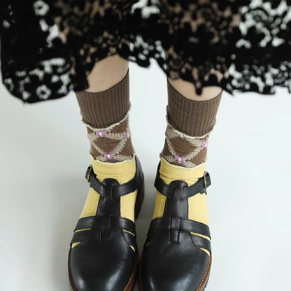 【5pattern】花柄が映える＊三層切り替えのレトロクルーソックス《Z01200》