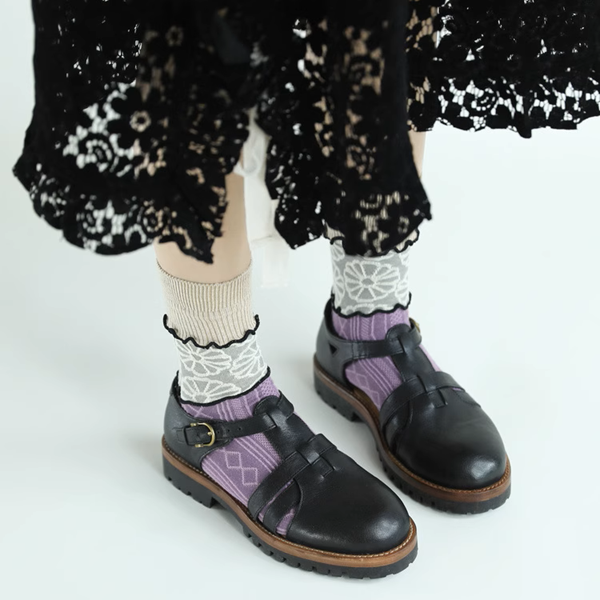 【5pattern】花柄が映える＊三層切り替えのレトロクルーソックス《Z01200》