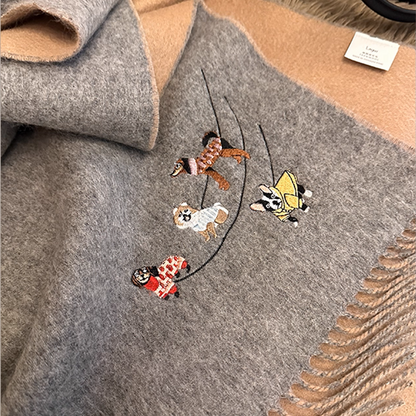 【4color】可愛い子犬刺繍のツートーン配色フリンジマフラー《Z01198》