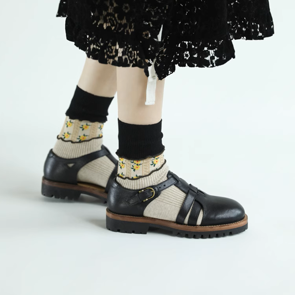 【5pattern】花柄が映える＊三層切り替えのレトロクルーソックス《Z01200》