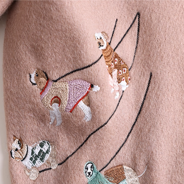 【4color】可愛い子犬刺繍のツートーン配色フリンジマフラー《Z01198》