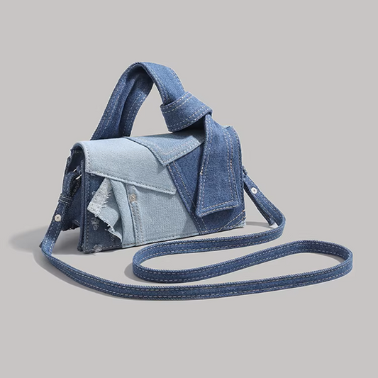 【2color】デニムパッチワークのリボンハンドルバッグ《Z01236》