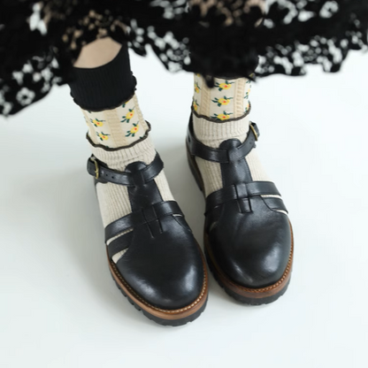 【5pattern】花柄が映える＊三層切り替えのレトロクルーソックス《Z01200》