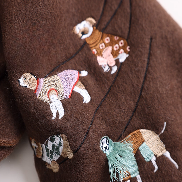 【4color】可愛い子犬刺繍のツートーン配色フリンジマフラー《Z01198》