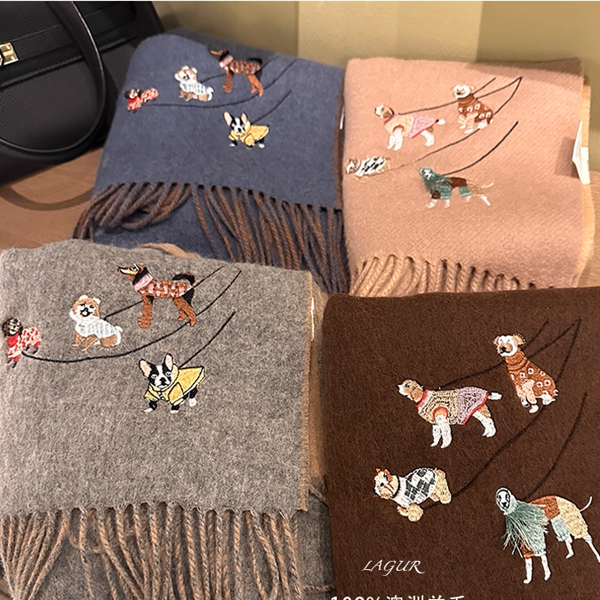 【4color】可愛い子犬刺繍のツートーン配色フリンジマフラー《Z01198》
