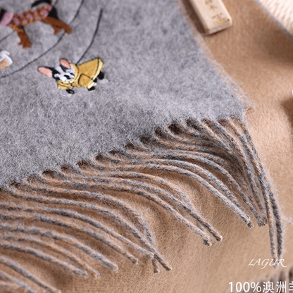 【4color】可愛い子犬刺繍のツートーン配色フリンジマフラー《Z01198》