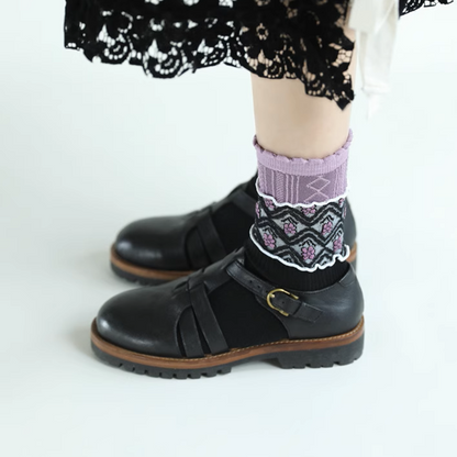 【5pattern】花柄が映える＊三層切り替えのレトロクルーソックス《Z01200》